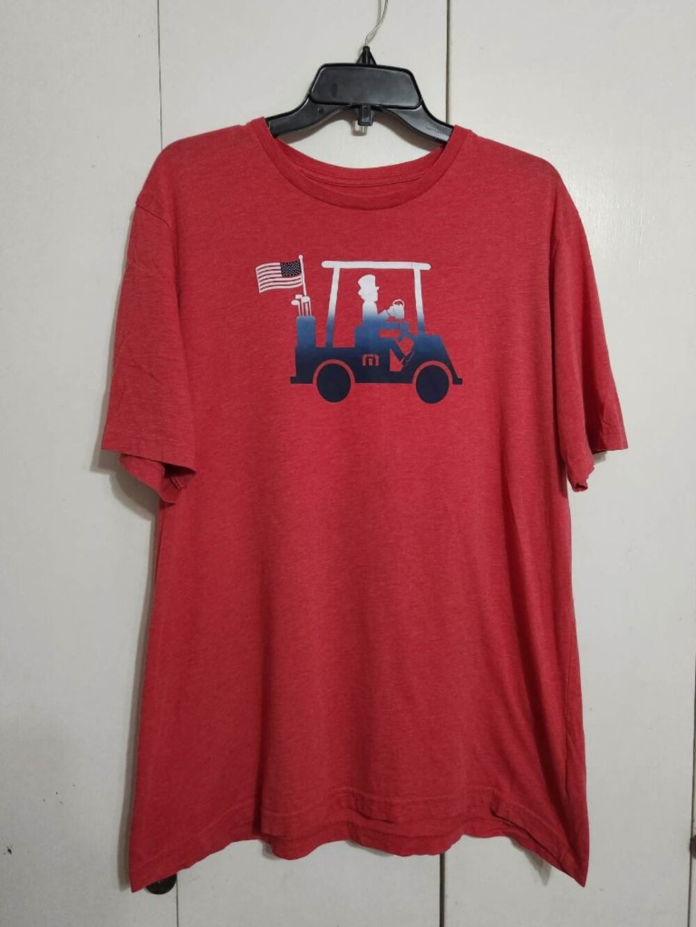 TravisMathew Men XL Red T Shirt Golf Cart American Flag Graphic Pima Cotton